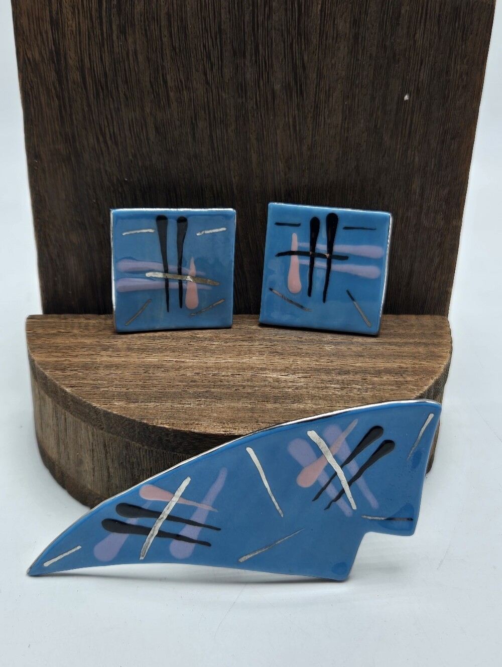 80's Ceramic Porcelain Jewelry Set Brooch Earrings Abstract Statement Fashion